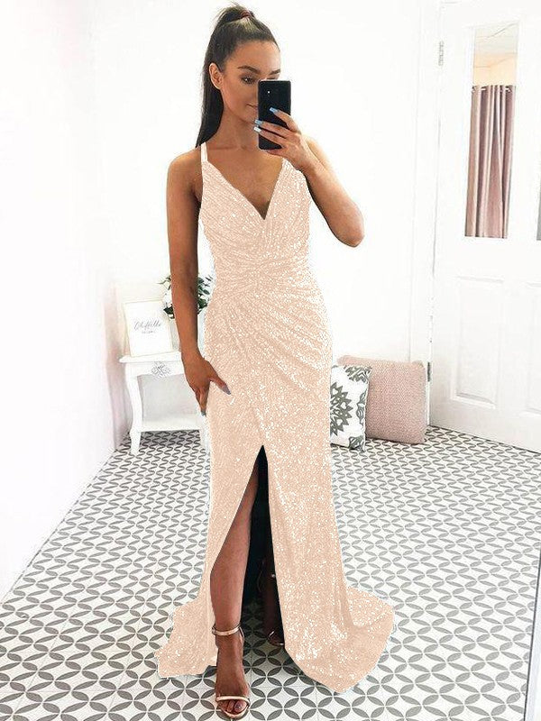Eye-Catching Charm Sheath Sequins Ruched V-neck Sleeveless Sweep/Brush Train Prom Dress