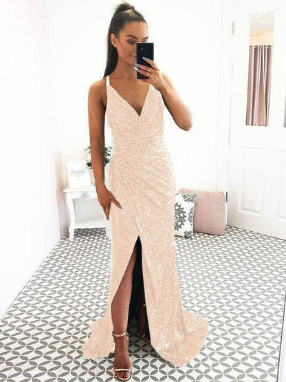 Eye-Catching Charm Sheath Sequins Ruched V-neck Sleeveless Sweep/Brush Train Prom Dress