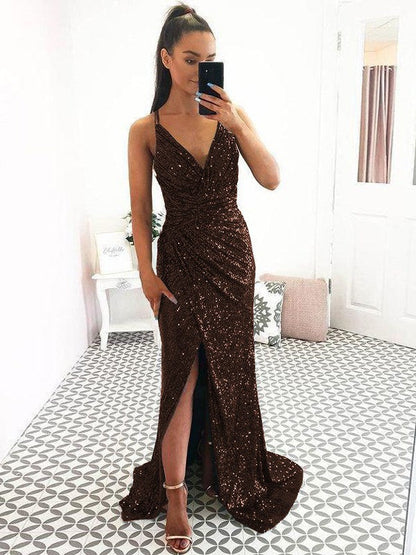 Eye-Catching Charm Sheath Sequins Ruched V-neck Sleeveless Sweep/Brush Train Prom Dress