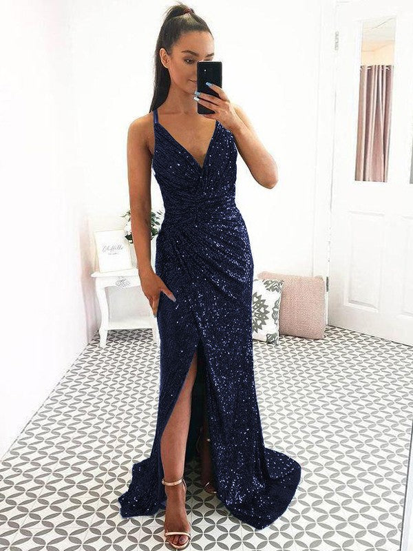 Eye-Catching Charm Sheath Sequins Ruched V-neck Sleeveless Sweep/Brush Train Prom Dress