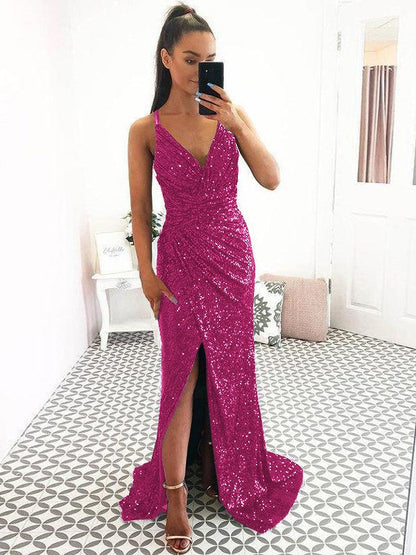 Eye-Catching Charm Sheath Sequins Ruched V-neck Sleeveless Sweep/Brush Train Prom Dress