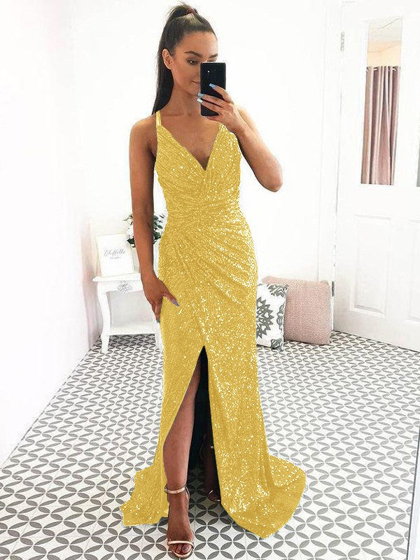 Eye-Catching Charm Sheath Sequins Ruched V-neck Sleeveless Sweep/Brush Train Prom Dress