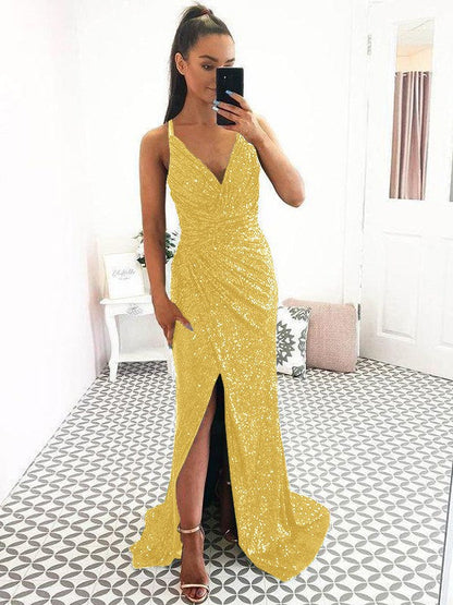 Eye-Catching Charm Sheath Sequins Ruched V-neck Sleeveless Sweep/Brush Train Prom Dress