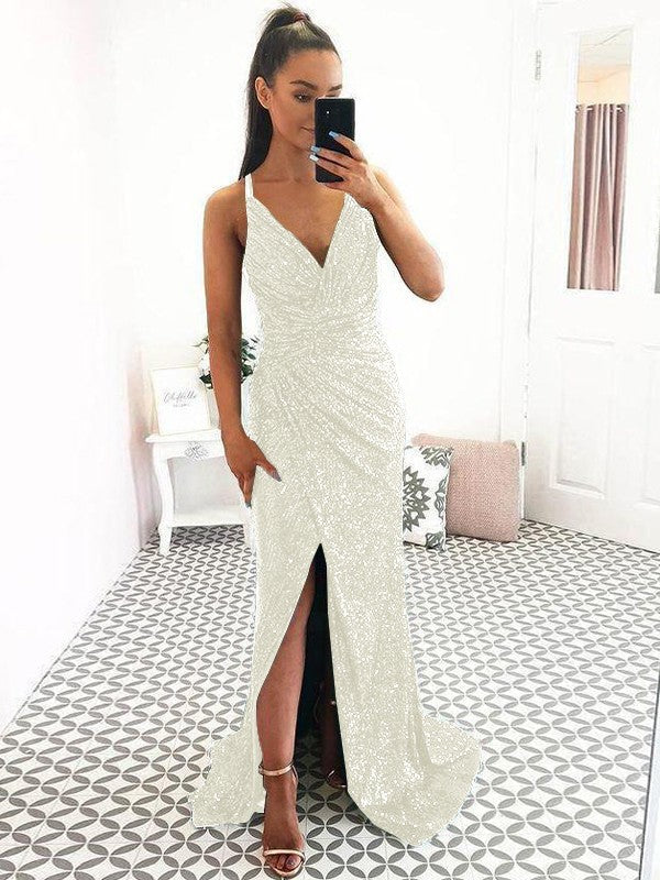 Eye-Catching Charm Sheath Sequins Ruched V-neck Sleeveless Sweep/Brush Train Prom Dress
