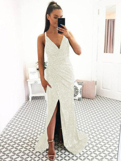 Eye-Catching Charm Sheath Sequins Ruched V-neck Sleeveless Sweep/Brush Train Prom Dress