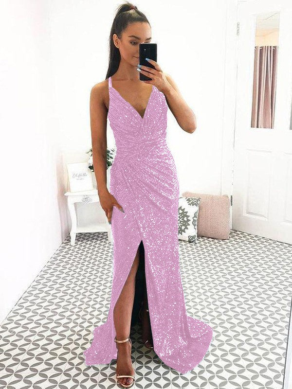 Eye-Catching Charm Sheath Sequins Ruched V-neck Sleeveless Sweep/Brush Train Prom Dress