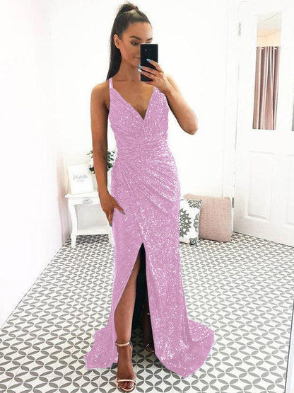 Eye-Catching Charm Sheath Sequins Ruched V-neck Sleeveless Sweep/Brush Train Prom Dress