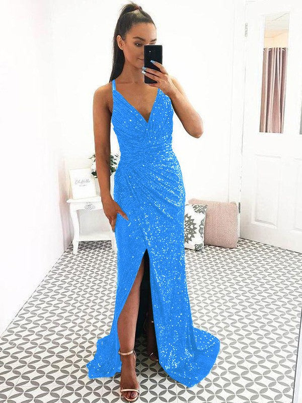 Eye-Catching Charm Sheath Sequins Ruched V-neck Sleeveless Sweep/Brush Train Prom Dress