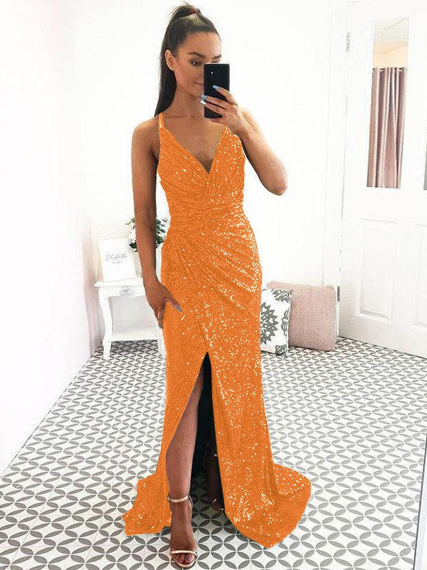 Eye-Catching Charm Sheath Sequins Ruched V-neck Sleeveless Sweep/Brush Train Prom Dress