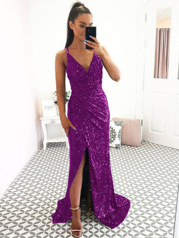 Eye-Catching Charm Sheath Sequins Ruched V-neck Sleeveless Sweep/Brush Train Prom Dress