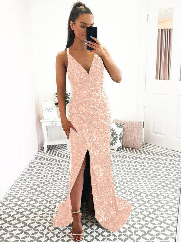 Eye-Catching Charm Sheath Sequins Ruched V-neck Sleeveless Sweep/Brush Train Prom Dress