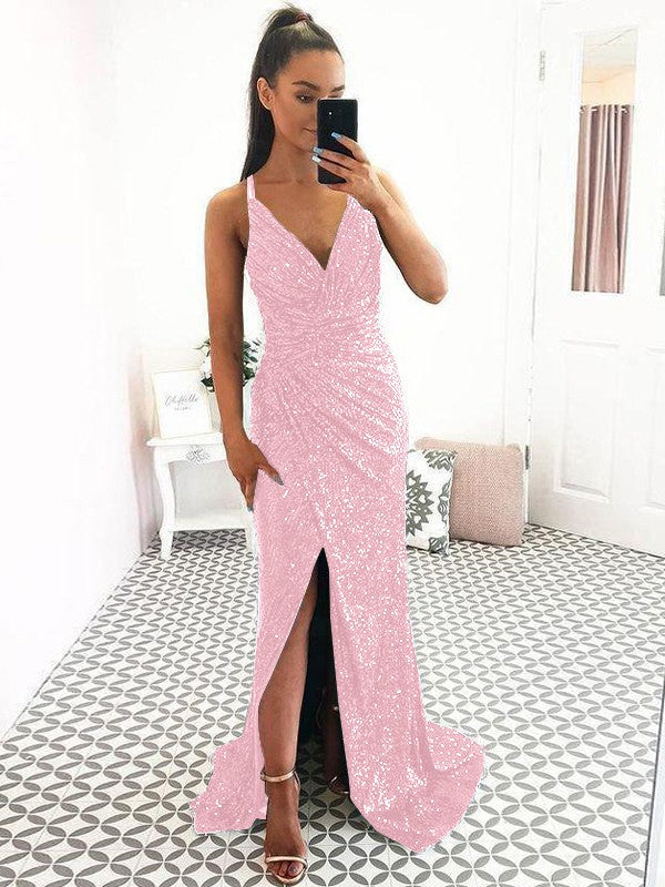 Eye-Catching Charm Sheath Sequins Ruched V-neck Sleeveless Sweep/Brush Train Prom Dress