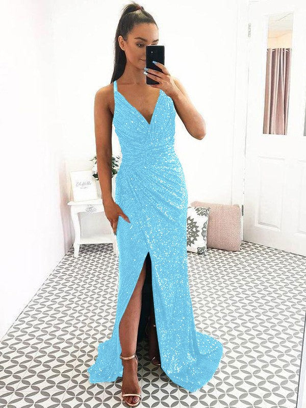 Eye-Catching Charm Sheath Sequins Ruched V-neck Sleeveless Sweep/Brush Train Prom Dress
