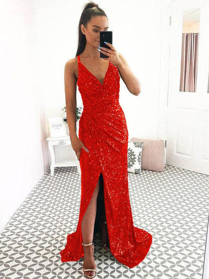 Eye-Catching Charm Sheath Sequins Ruched V-neck Sleeveless Sweep/Brush Train Prom Dress