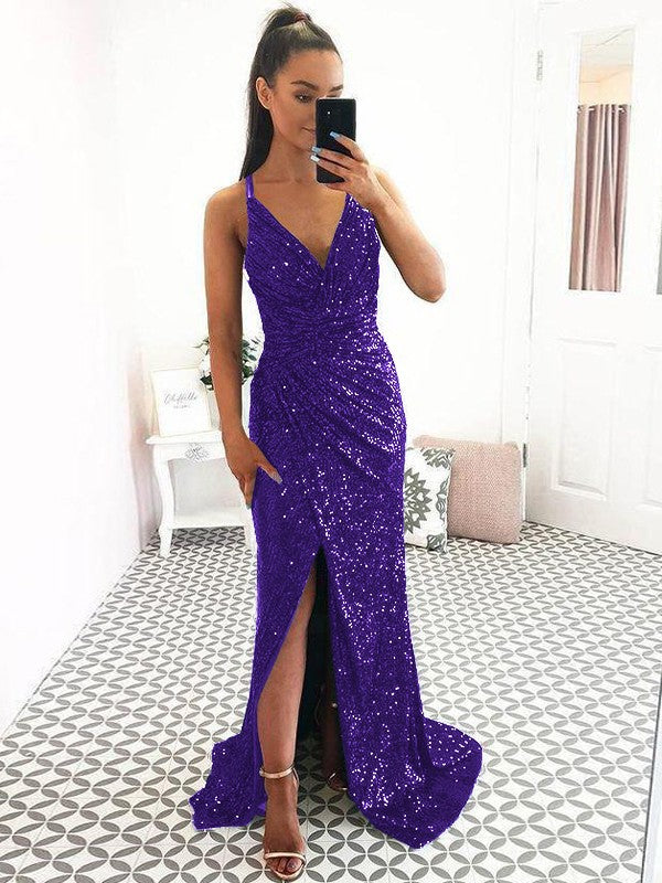 Eye-Catching Charm Sheath Sequins Ruched V-neck Sleeveless Sweep/Brush Train Prom Dress