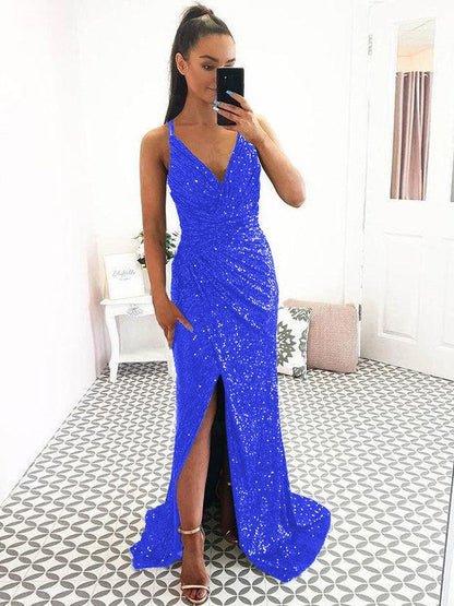 Eye-Catching Charm Sheath Sequins Ruched V-neck Sleeveless Sweep/Brush Train Prom Dress