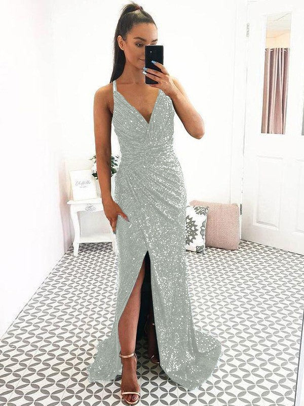 Eye-Catching Charm Sheath Sequins Ruched V-neck Sleeveless Sweep/Brush Train Prom Dress