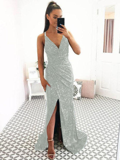 Eye-Catching Charm Sheath Sequins Ruched V-neck Sleeveless Sweep/Brush Train Prom Dress