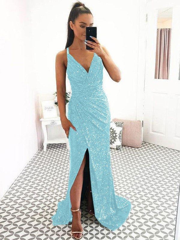 Eye-Catching Charm Sheath Sequins Ruched V-neck Sleeveless Sweep/Brush Train Prom Dress