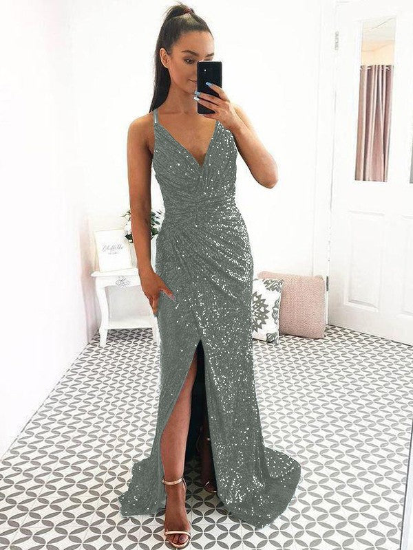 Eye-Catching Charm Sheath Sequins Ruched V-neck Sleeveless Sweep/Brush Train Prom Dress