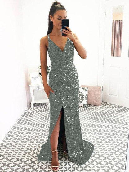Eye-Catching Charm Sheath Sequins Ruched V-neck Sleeveless Sweep/Brush Train Prom Dress