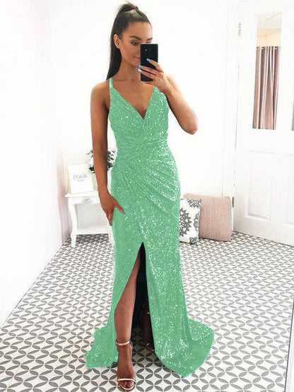 Eye-Catching Charm Sheath Sequins Ruched V-neck Sleeveless Sweep/Brush Train Prom Dress