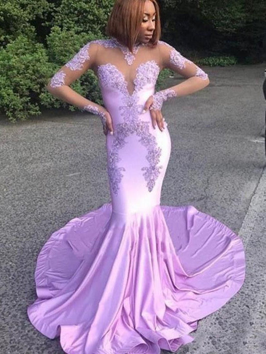 Naturally Chic Mermaid Style Jersey Applique Scoop Long Sleeves Sweep/Brush Train Prom Dress