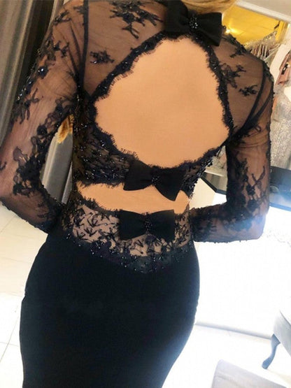 Savor the Occasion Sheath Style Stretch Crepe Lace Square Long Sleeves Sweep/Brush Train Prom Dress