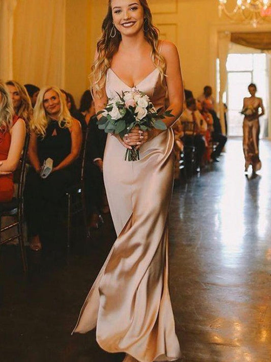 Sheath/Column Silk?like?Satin Ruched V-neck Sleeveless Floor-Length Bridesmaid Dresses