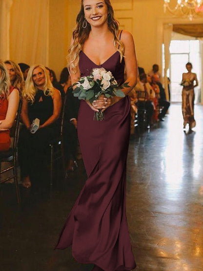 Sheath/Column Silk?like?Satin Ruched V-neck Sleeveless Floor-Length Bridesmaid Dresses