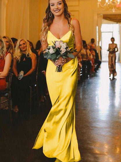 Sheath/Column Silk?like?Satin Ruched V-neck Sleeveless Floor-Length Bridesmaid Dresses