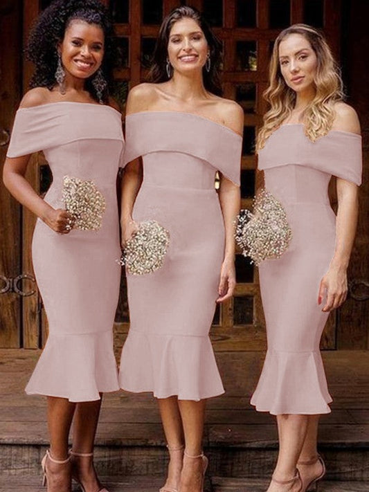 Sheath/Column Stretch Crepe Ruffles Off-the-Shoulder Sleeveless Tea-Length Bridesmaid Dresses