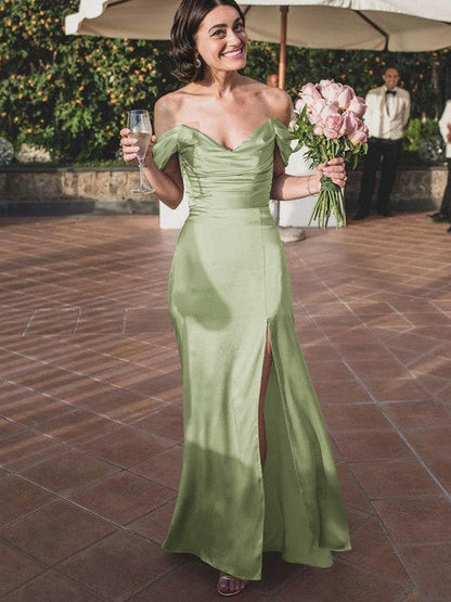 Sheath/Column Silk like Satin Ruched Off-the-Shoulder Sleeveless Floor-Length Bridesmaid Dresses
