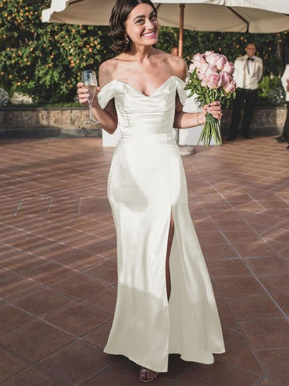 Sheath/Column Silk like Satin Ruched Off-the-Shoulder Sleeveless Floor-Length Bridesmaid Dresses
