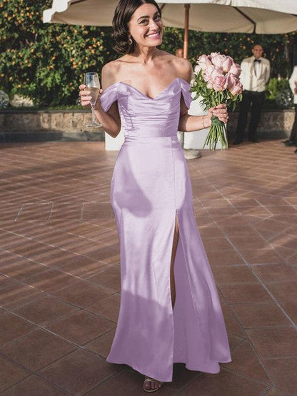 Sheath/Column Silk like Satin Ruched Off-the-Shoulder Sleeveless Floor-Length Bridesmaid Dresses
