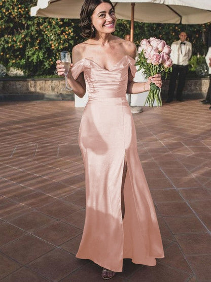 Sheath/Column Silk like Satin Ruched Off-the-Shoulder Sleeveless Floor-Length Bridesmaid Dresses