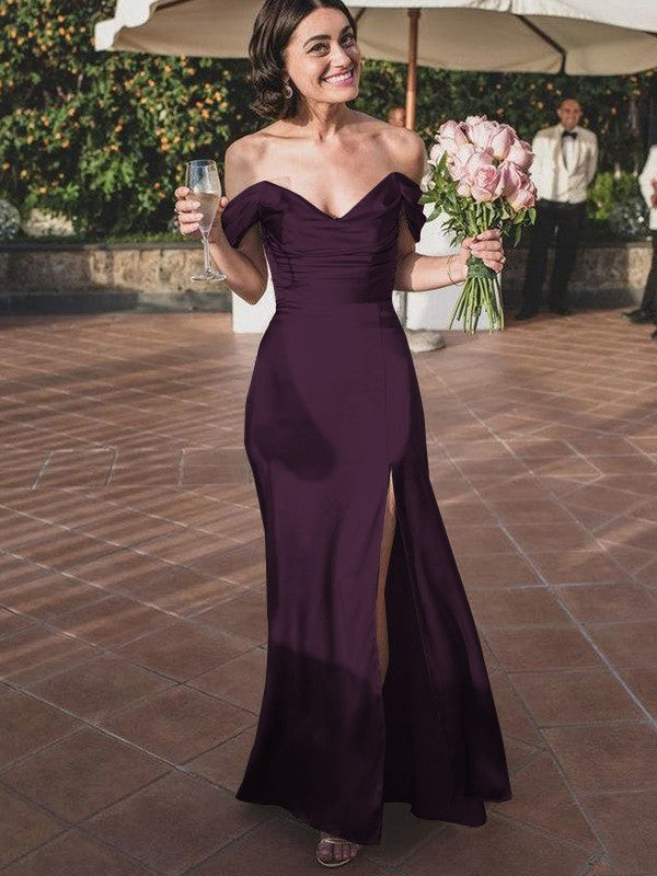 Sheath/Column Silk like Satin Ruched Off-the-Shoulder Sleeveless Floor-Length Bridesmaid Dresses