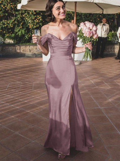 Sheath/Column Silk like Satin Ruched Off-the-Shoulder Sleeveless Floor-Length Bridesmaid Dresses