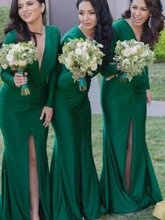 Sheath/Column Jersey Ruched V-neck Long Sleeves Sweep/Brush Train Bridesmaid Dresses