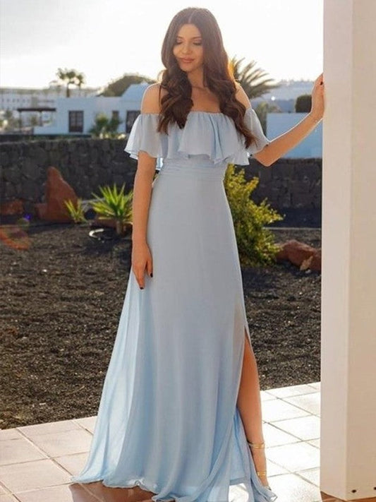 A-Line/Princess Chiffon Ruffles Off-the-Shoulder Sleeveless Sweep/Brush Train Bridesmaid Dresses