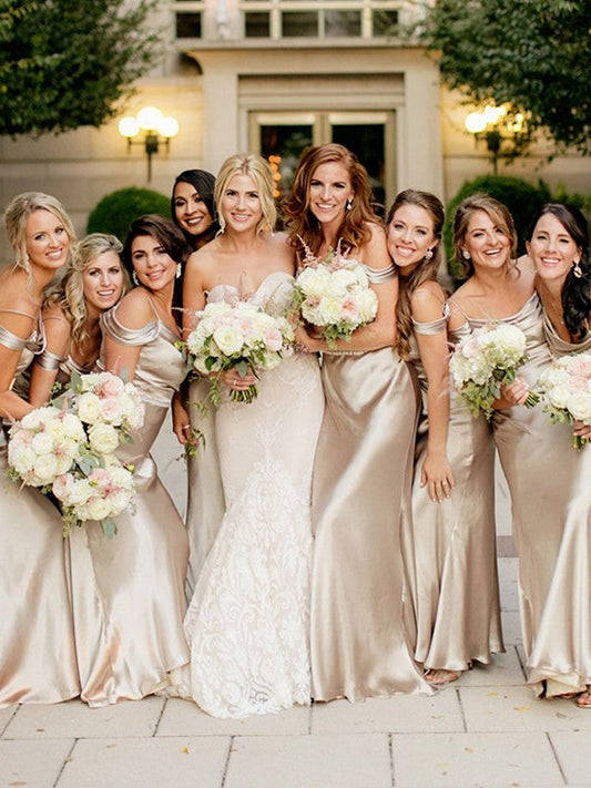 Sheath/Column Silk like Satin Ruched Spaghetti Straps Sleeveless Floor-Length Bridesmaid Dresses