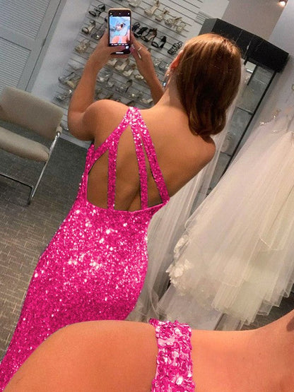 Sheath/Column Velvet Sequins One-Shoulder Sleeveless Sweep/Brush Train Prom Dress