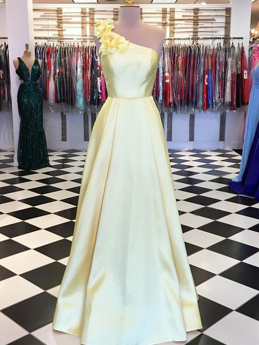 A-Line/Princess Satin Hand-Made Flower One-Shoulder Sleeveless Floor-Length Prom Dress