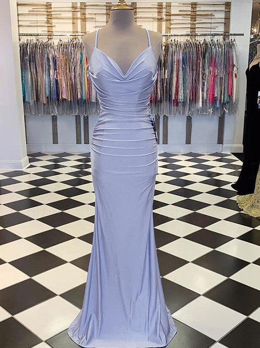 Sheath/Column Jersey Ruched Spaghetti Straps Sleeveless Sweep/Brush Train Bridesmaid Dresses