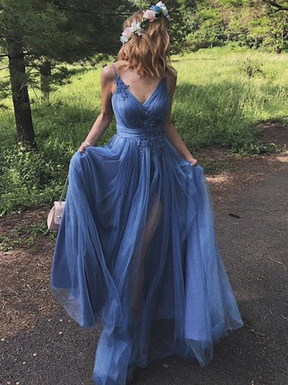 A-Line/Princess Tulle Applique V-neck Sleeveless Sweep/Brush Train Prom Dress
