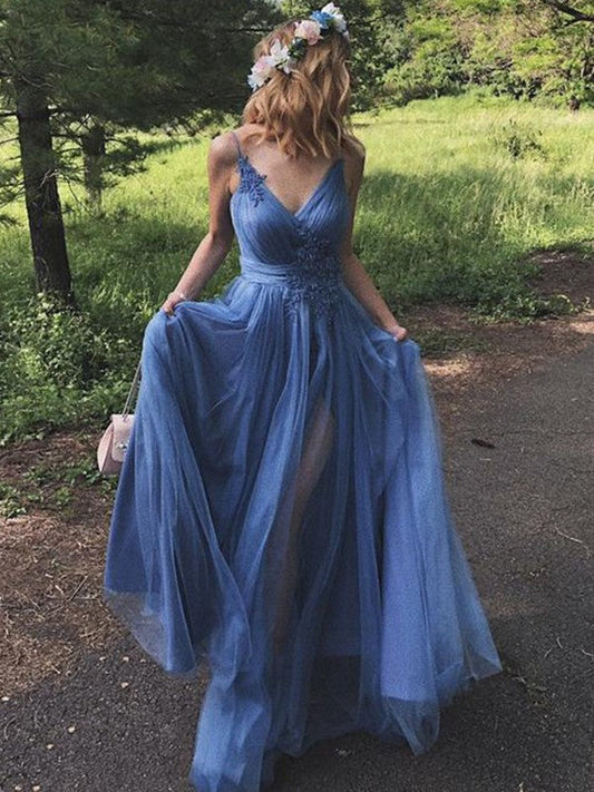 A-Line/Princess Tulle Applique V-neck Sleeveless Sweep/Brush Train Prom Dress