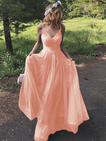 A-Line/Princess Tulle Applique V-neck Sleeveless Sweep/Brush Train Prom Dress