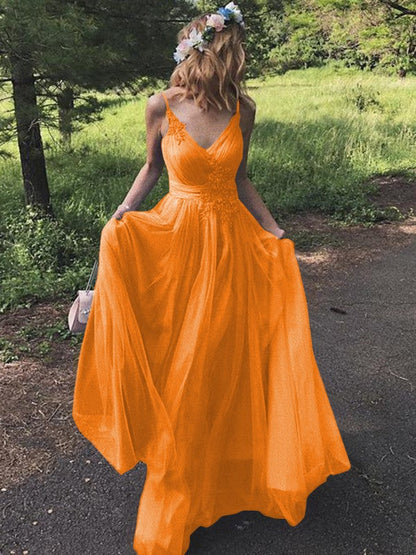 A-Line/Princess Tulle Applique V-neck Sleeveless Sweep/Brush Train Prom Dress