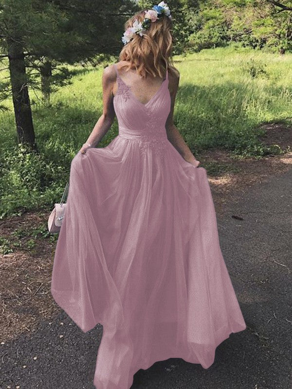 A-Line/Princess Tulle Applique V-neck Sleeveless Sweep/Brush Train Prom Dress