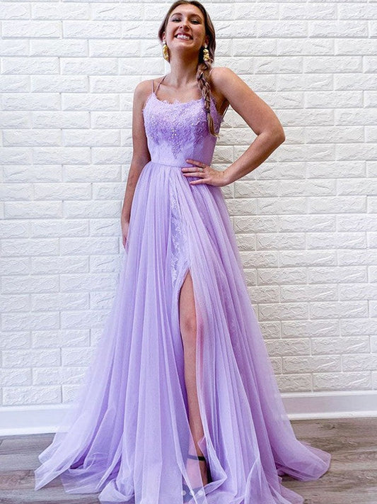 A-Line/Princess Tulle Lace Spaghetti Straps Sleeveless Sweep/Brush Train Prom Dress